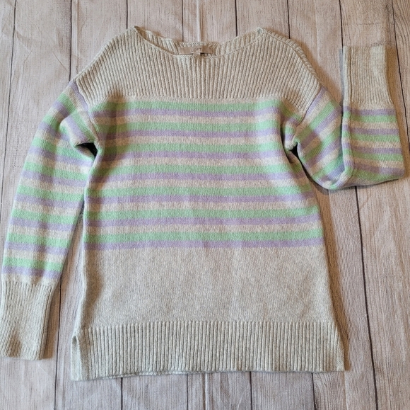 Loft Striped Light Gray Mint Lavender Sweater XS - Picture 1 of 7